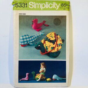 1970s Turtle Whale Seal Stuffed Toy Pillow Sewing Pattern Simplicity 5331 Uncut